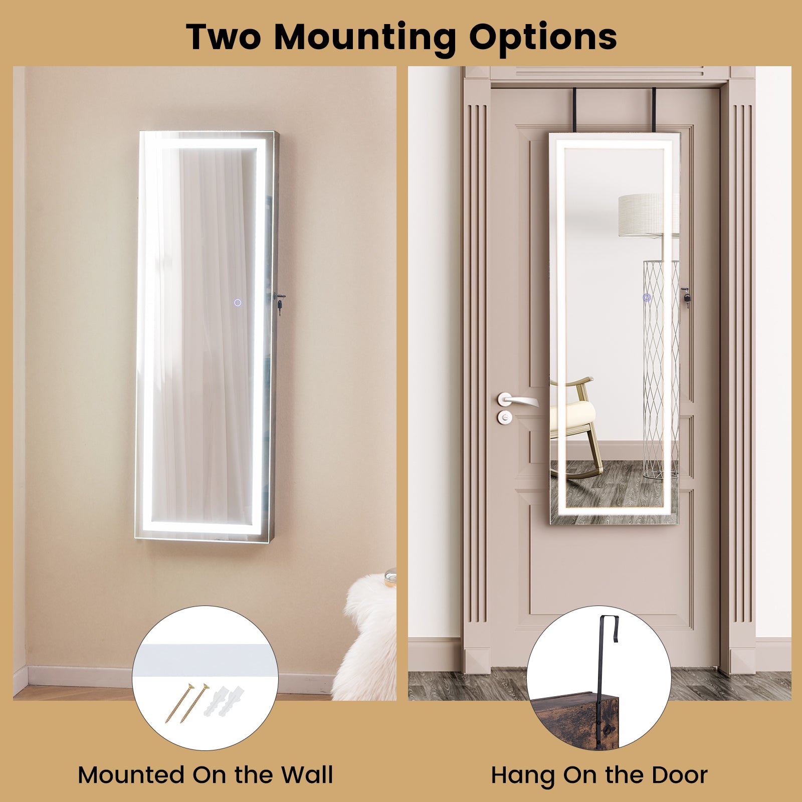 Mirrored Jewelry Armoire with Full Length Mirror and 2 Internal LED Lights-Rustic Brown