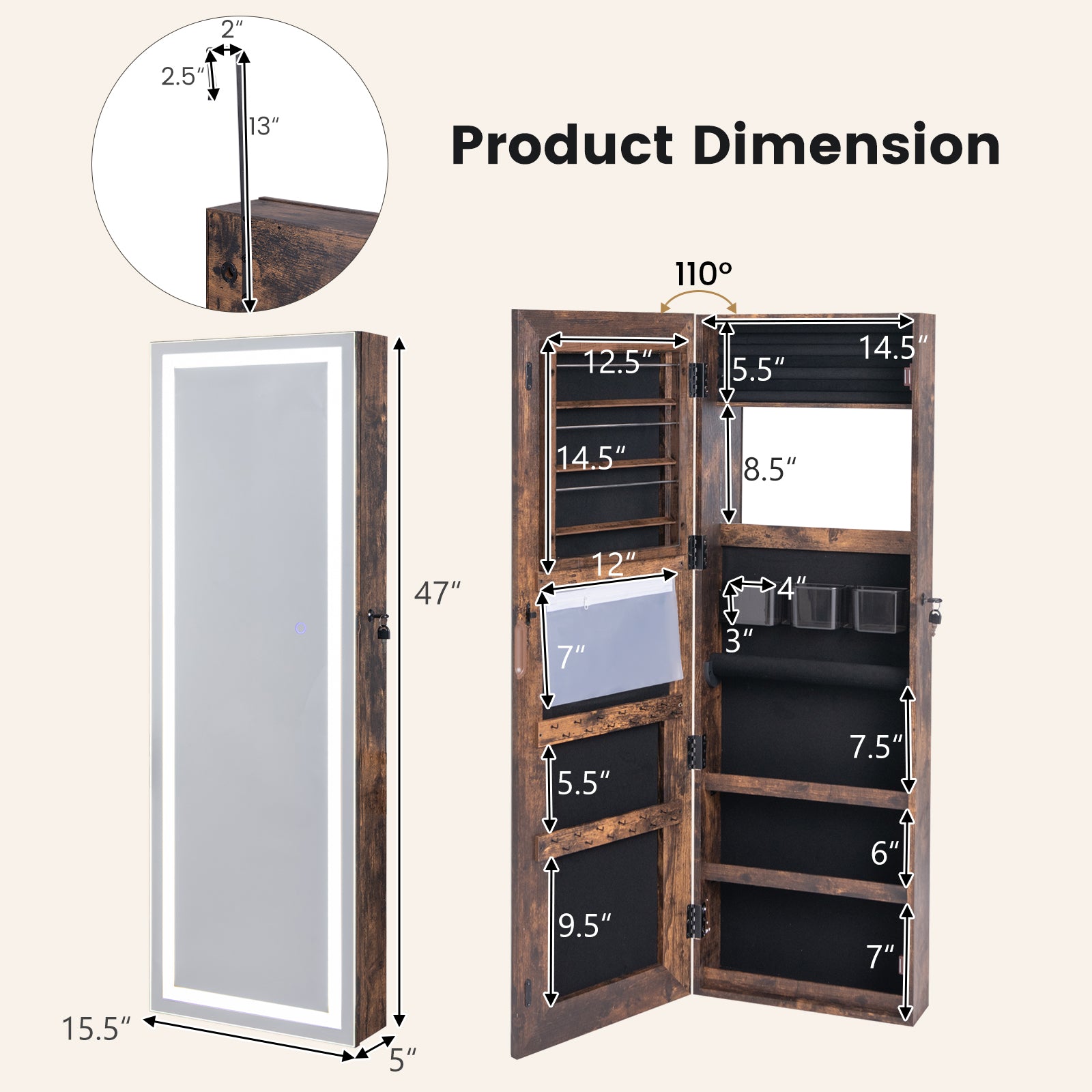 Mirrored Jewelry Armoire with Full Length Mirror and 2 Internal LED Lights-Rustic Brown