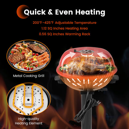 1600W Electric BBQ Grill with Removable Non-Stick Warming Rack-Red