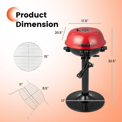1600W Electric BBQ Grill with Removable Non-Stick Warming Rack-Red