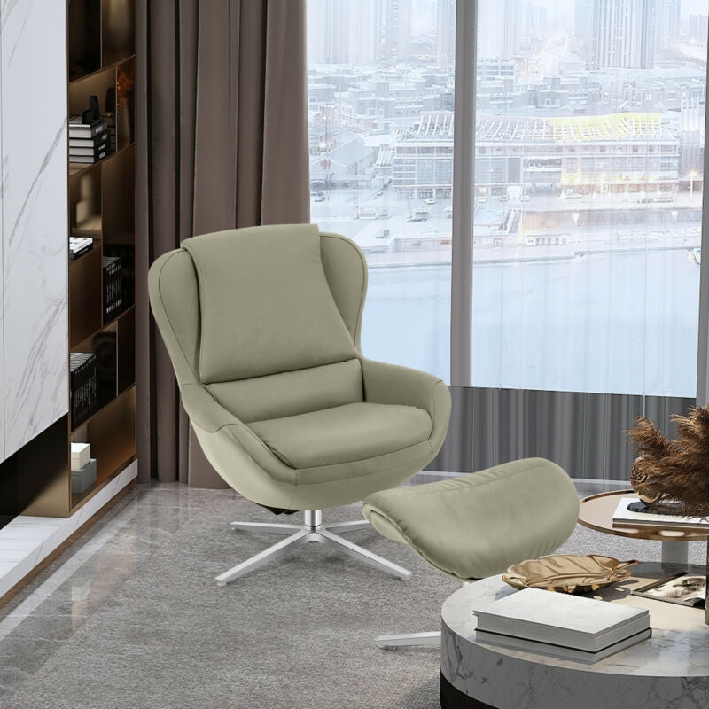 360Â° Swivel Leather Lounge Chair with Ottoman and Aluminum Alloy Base-Gray