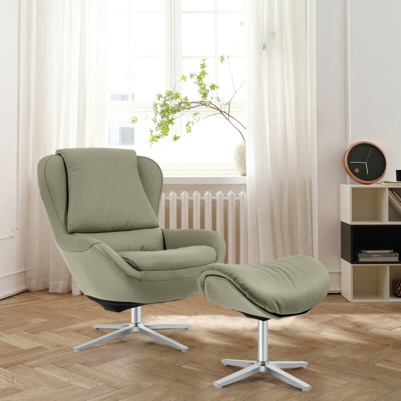 360Â° Swivel Leather Lounge Chair with Ottoman and Aluminum Alloy Base-Gray