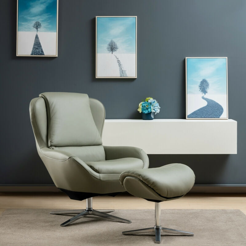 360Â° Swivel Leather Lounge Chair with Ottoman and Aluminum Alloy Base-Gray