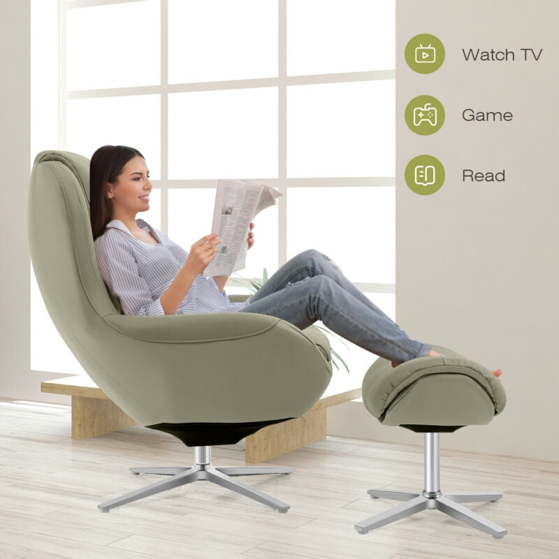 360Â° Swivel Leather Lounge Chair with Ottoman and Aluminum Alloy Base-Gray