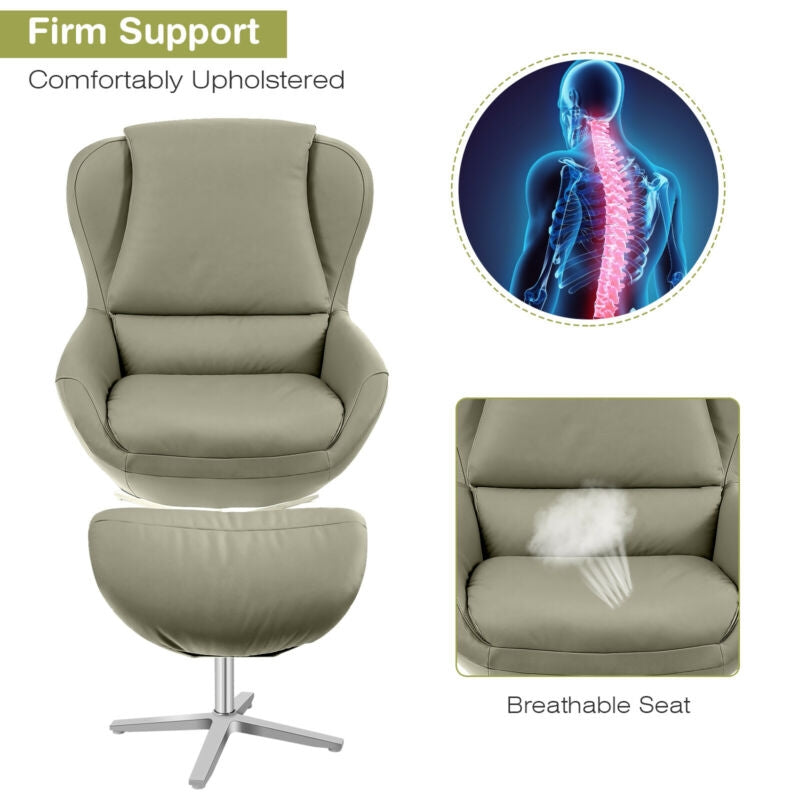 360Â° Swivel Leather Lounge Chair with Ottoman and Aluminum Alloy Base-Gray