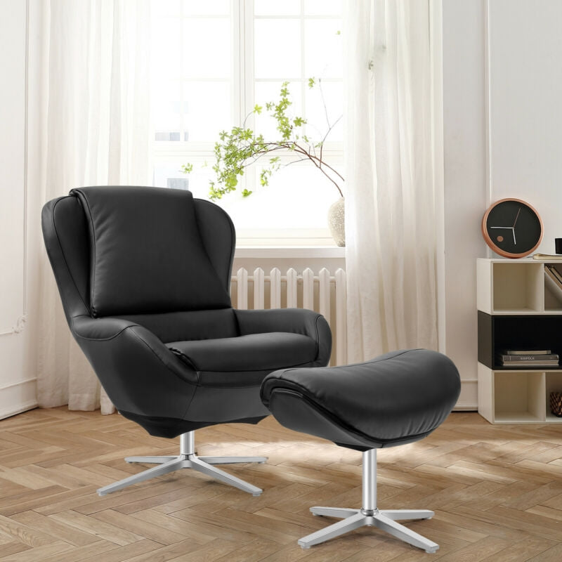 360Â° Swivel Leather Lounge Chair with Ottoman and Aluminum Alloy Base-Black
