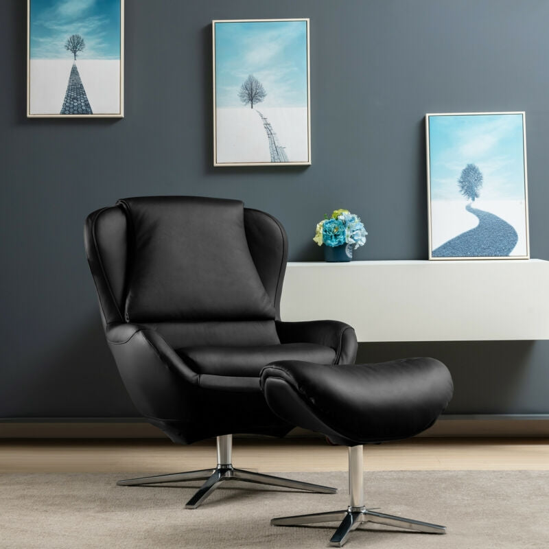 360Â° Swivel Leather Lounge Chair with Ottoman and Aluminum Alloy Base-Black