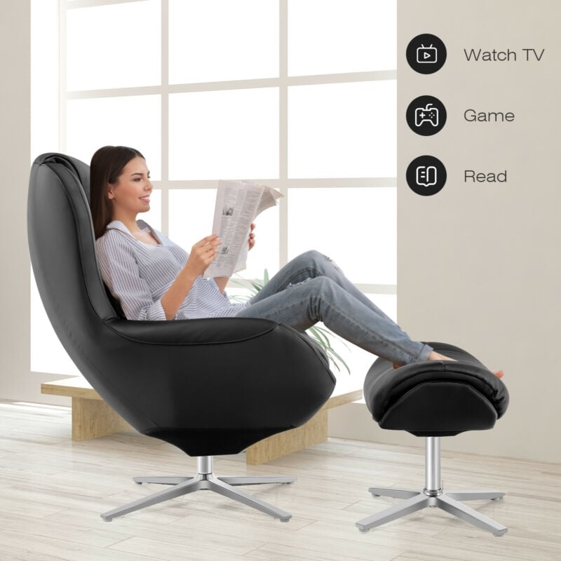 360Â° Swivel Leather Lounge Chair with Ottoman and Aluminum Alloy Base-Black