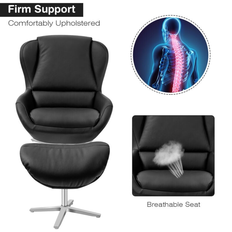 360Â° Swivel Leather Lounge Chair with Ottoman and Aluminum Alloy Base-Black