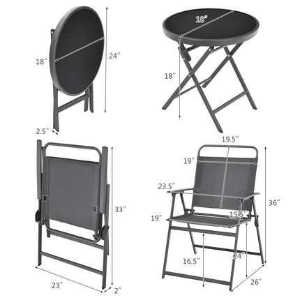 3 Pieces Outdoor Bistro Set with Folding Table and Chairs for Garden-Gray