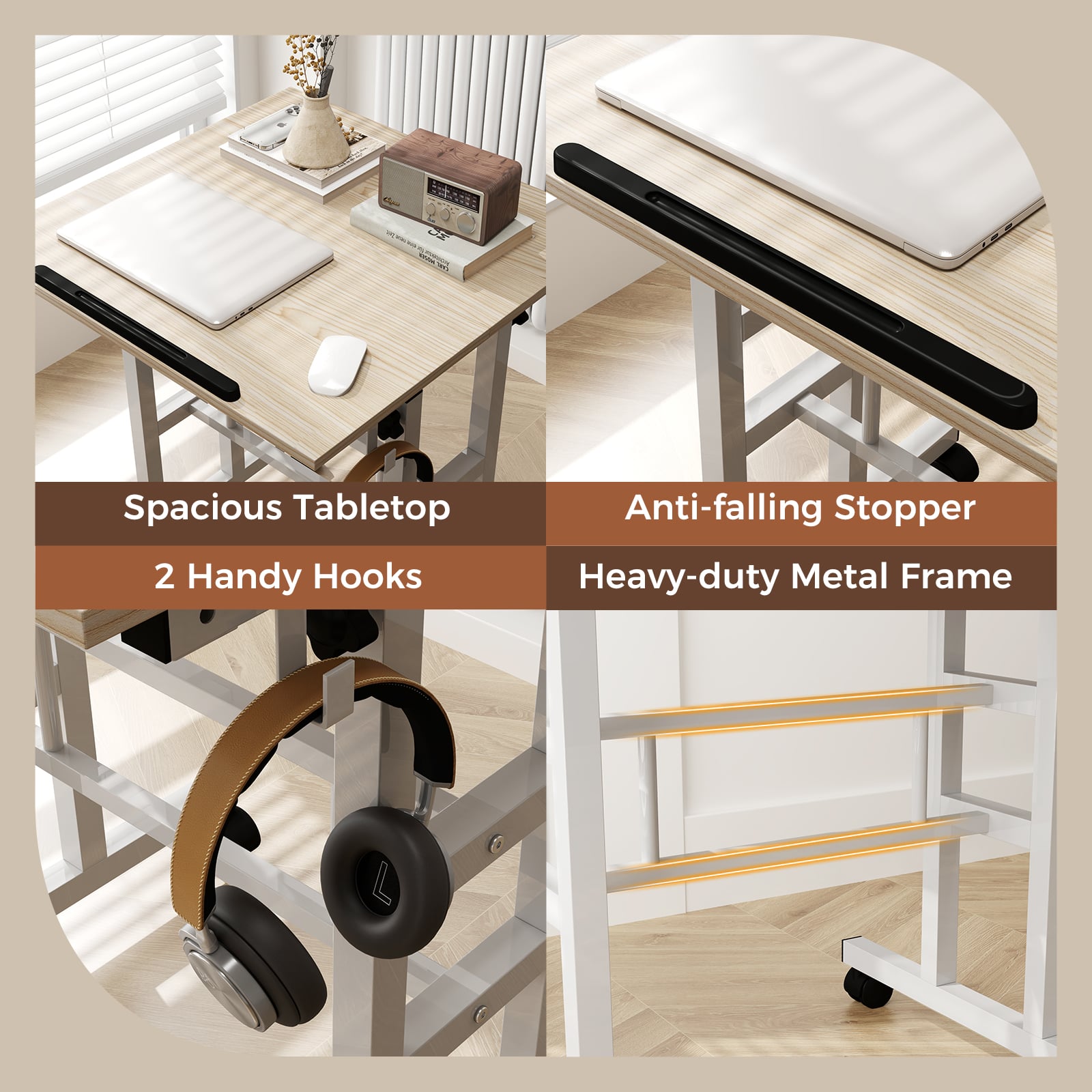 Height-adjustable Mobile Standing Desk with Split Top and Adjustable Angle-Natural