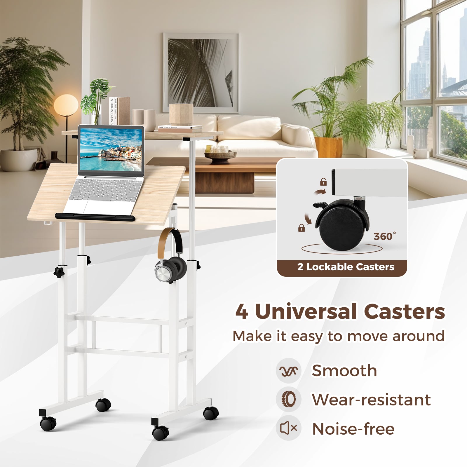 Height-adjustable Mobile Standing Desk with Split Top and Adjustable Angle-Natural