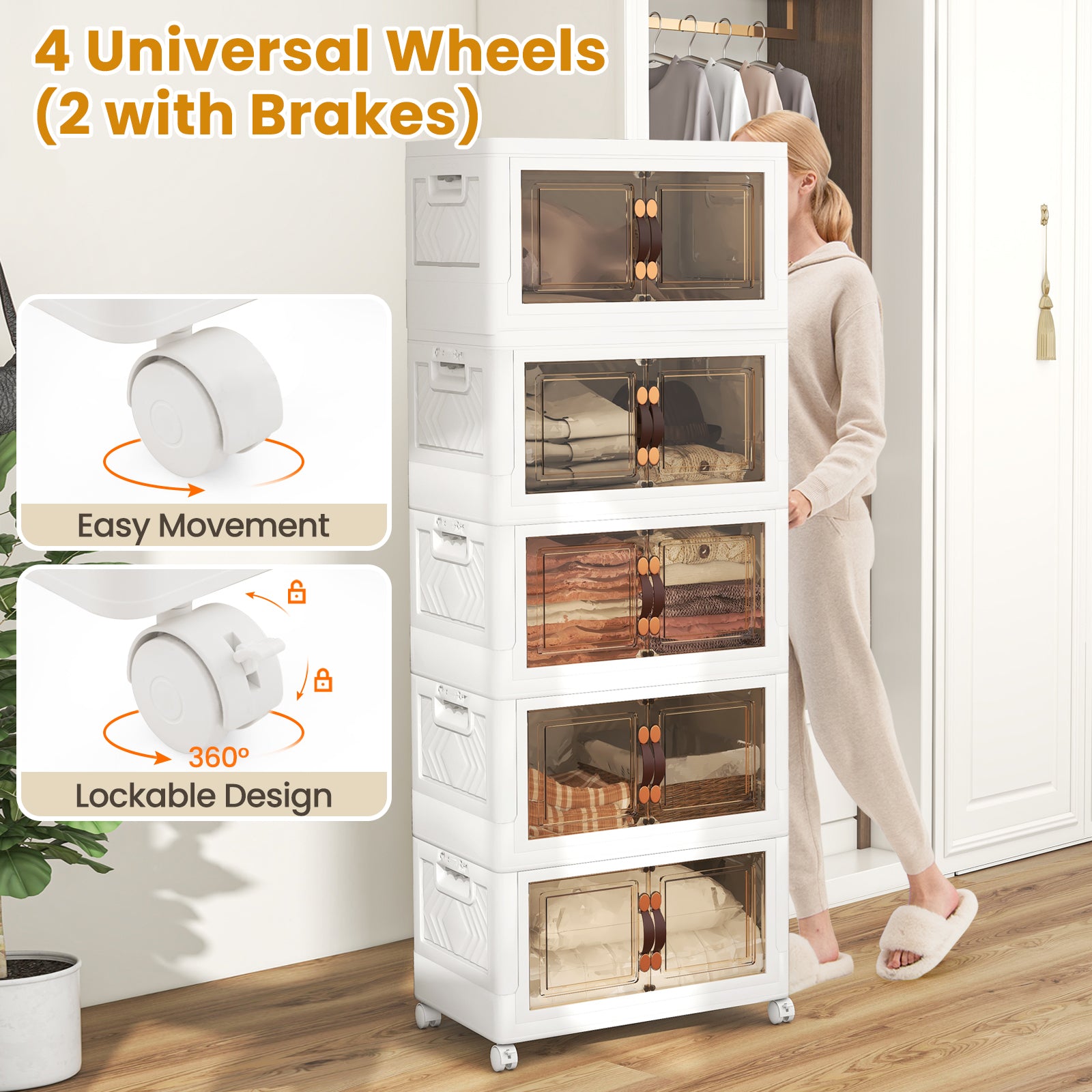 Stackable Storage Bins with Lockable Wheels-5 Pack