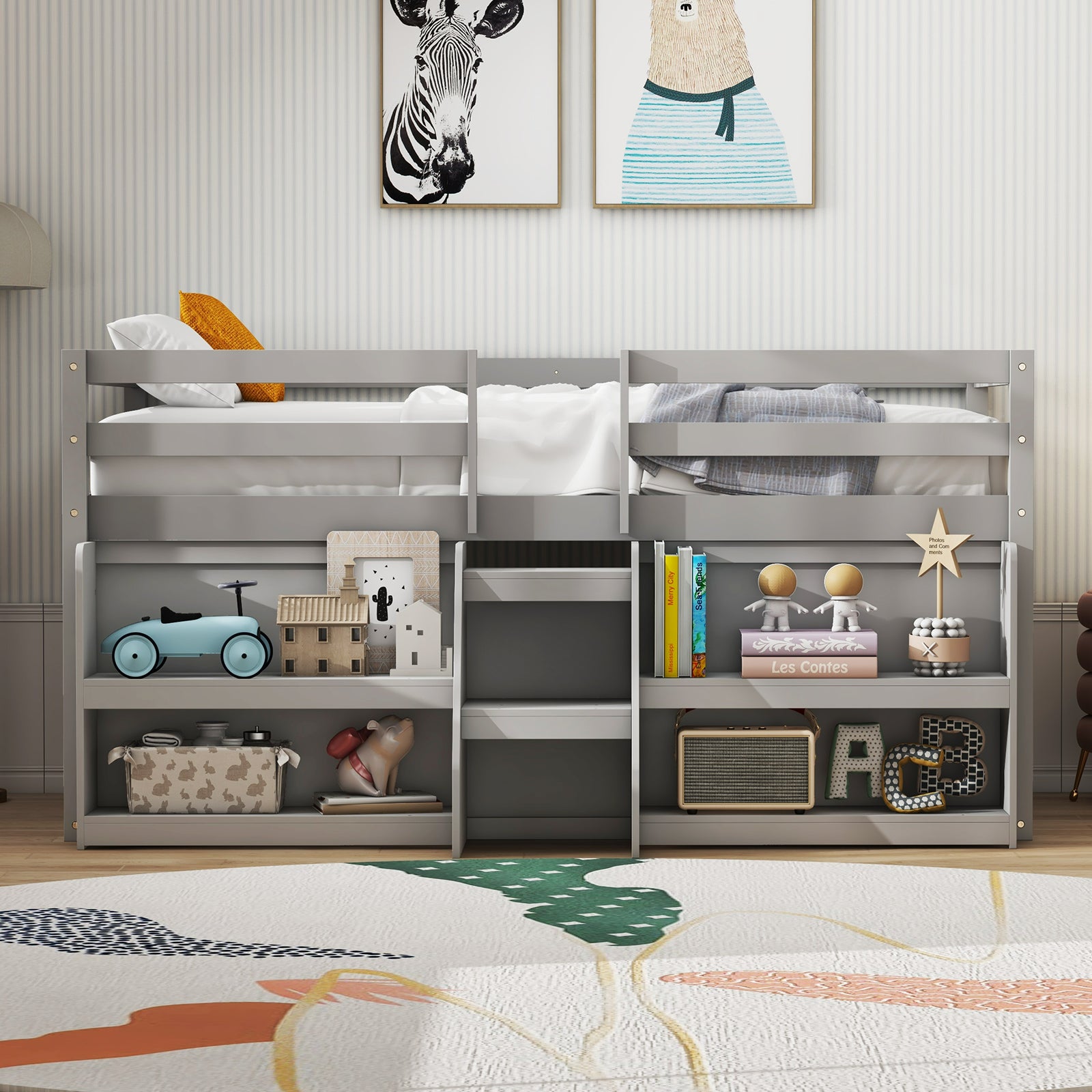 Twin Size Loft Bed with LED Lights with Staircase and Safety Guardrail-Grey