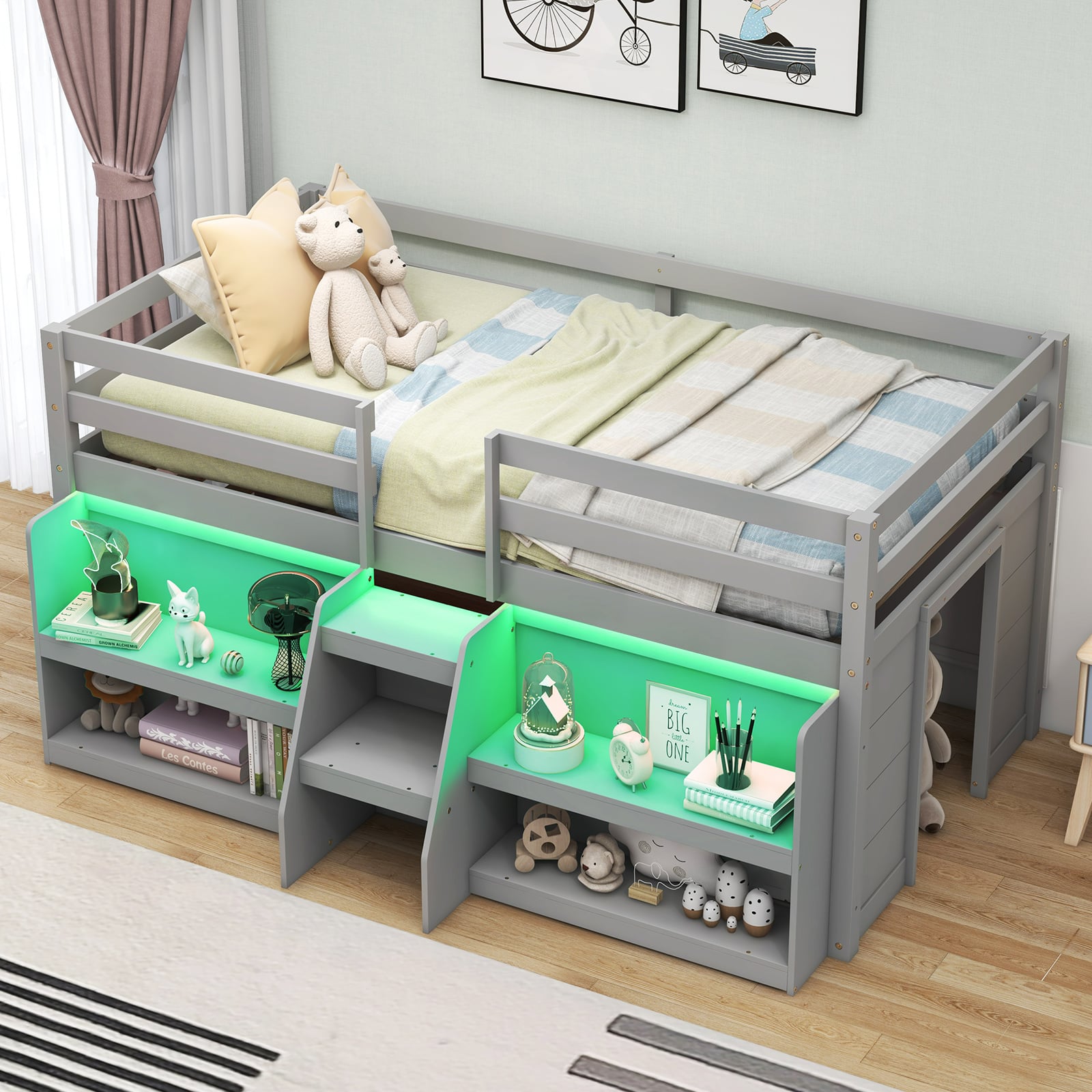 Twin Size Loft Bed with LED Lights with Staircase and Safety Guardrail-Grey