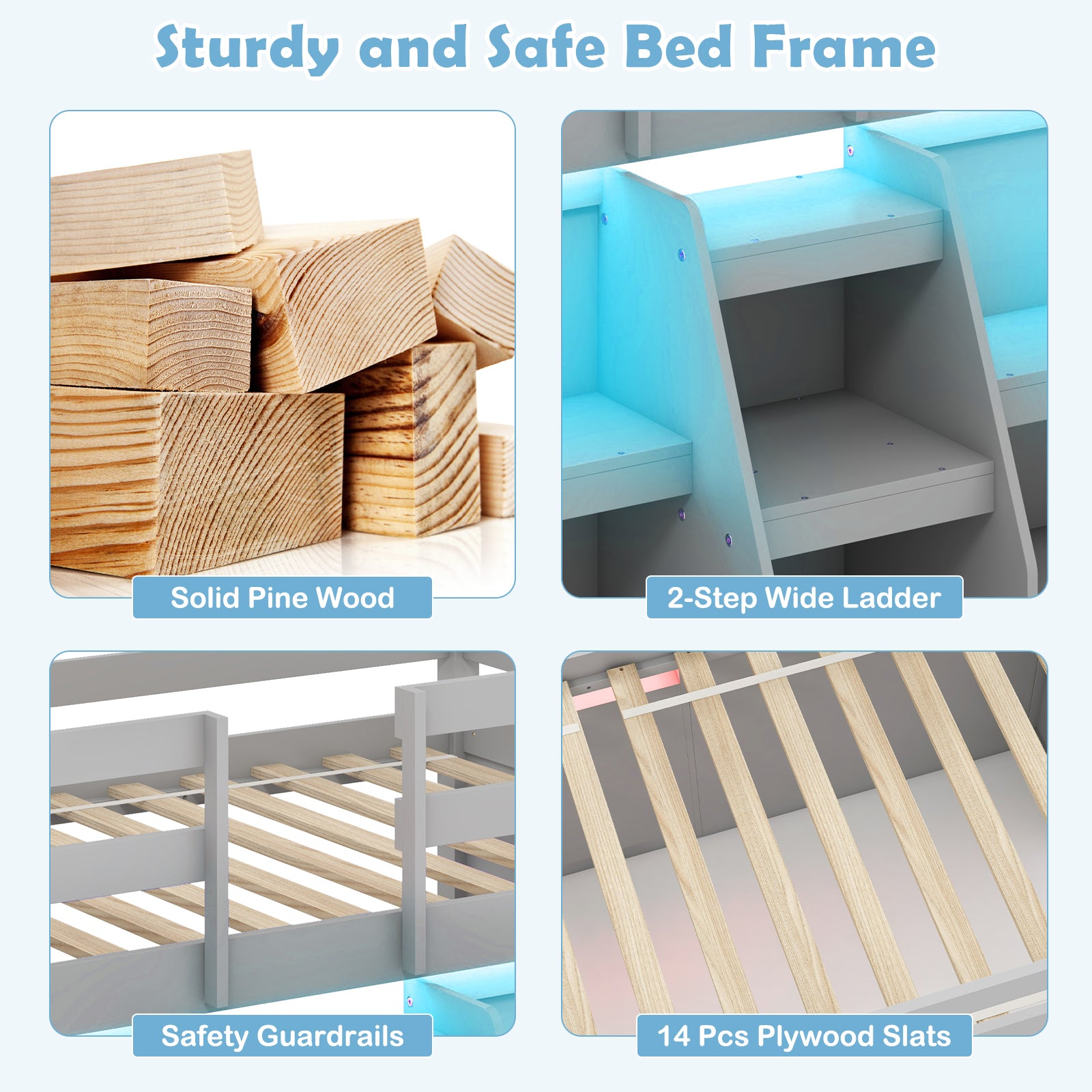 Twin Size Loft Bed with LED Lights with Staircase and Safety Guardrail-Grey