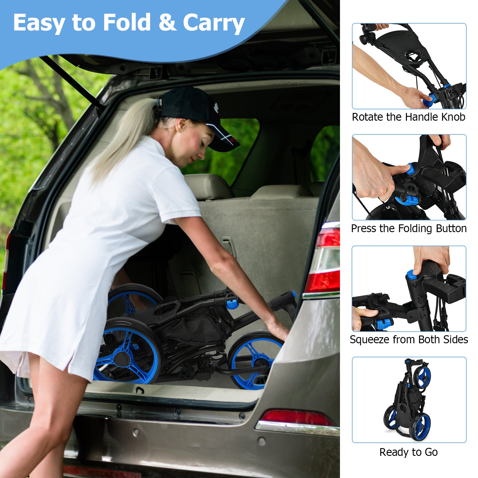 Folding 3 Wheels Golf Push Cart with Bag Scoreboard Adjustable Handle-Blue