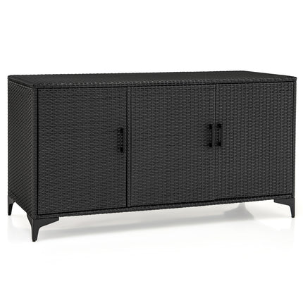 84 Gallon Patio Wicker Deck Box 3-Door PE Rattan Storage Container with Removable Shelves-Black