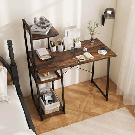 Computer Desk with Shelves and 3-Tier Storage Bookshelf-Brown