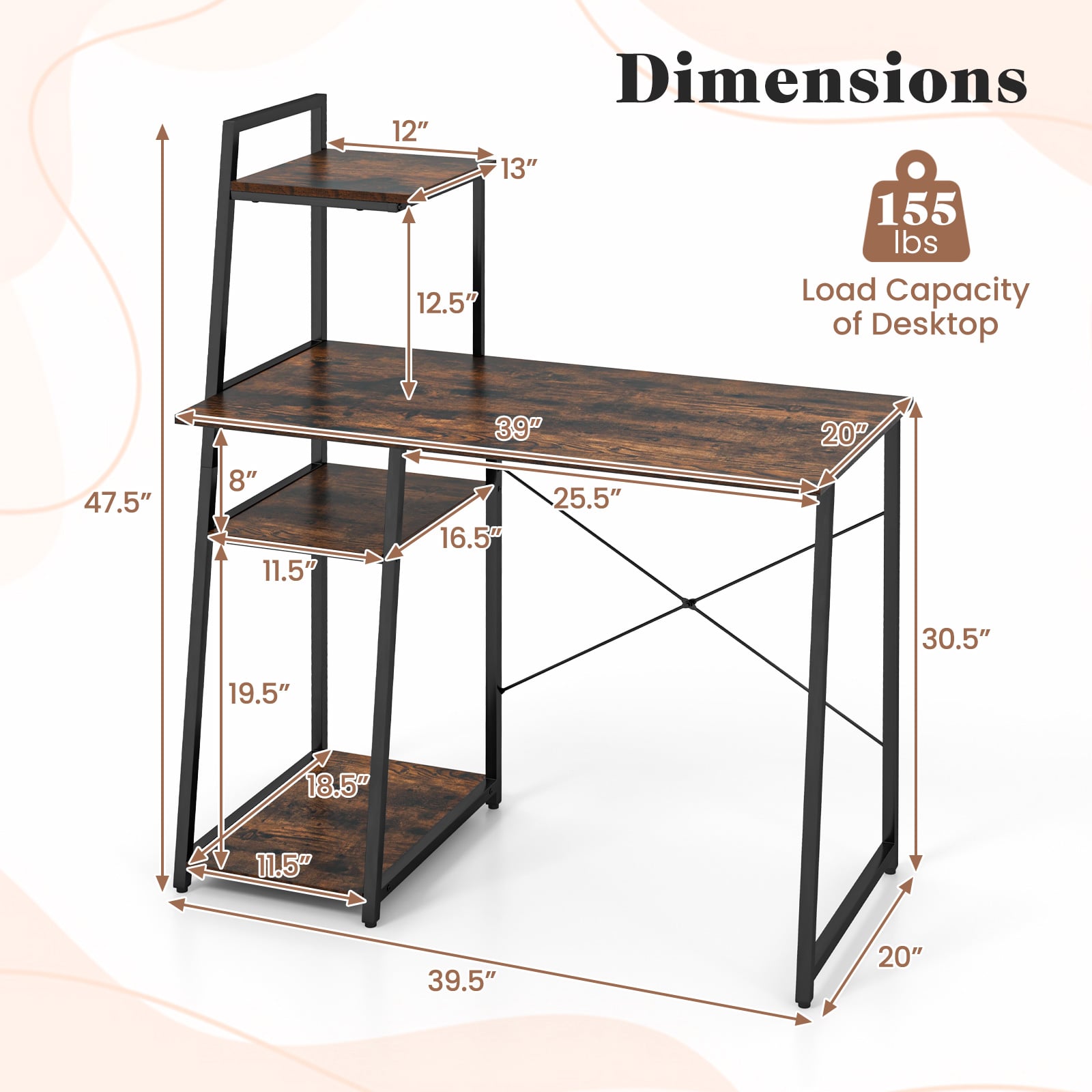 Computer Desk with Shelves and 3-Tier Storage Bookshelf-Brown