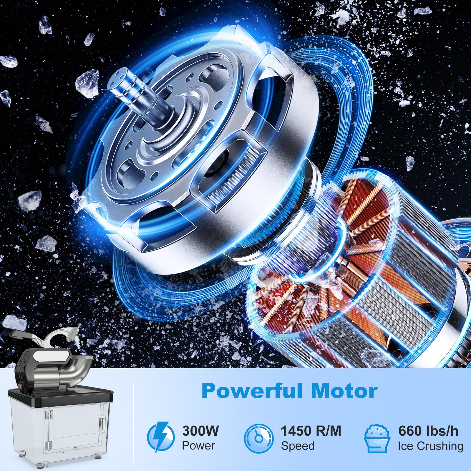 300W Commercial Ice Crusher with Dual Blades and Safety Switch-Black