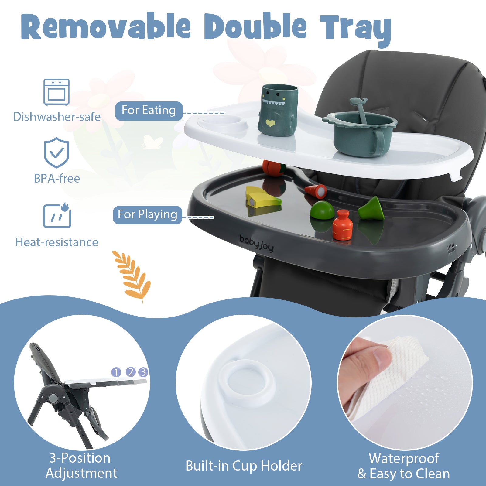 3-In-1 Convertible Baby High Chair with 7 Heights and Double Food Tray-Dark Gray