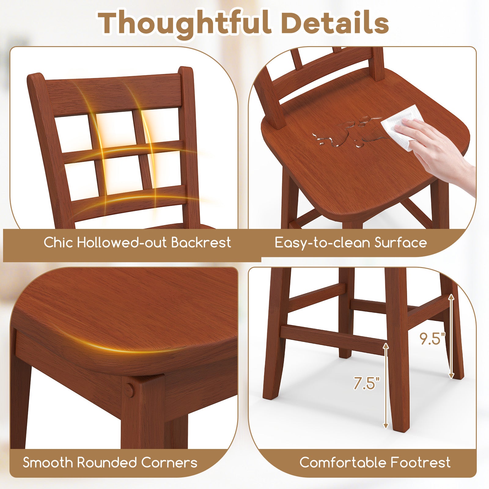 Counter Height Barstools Set of 2 with 6-Grid Hollow Back and Seat-Brown
