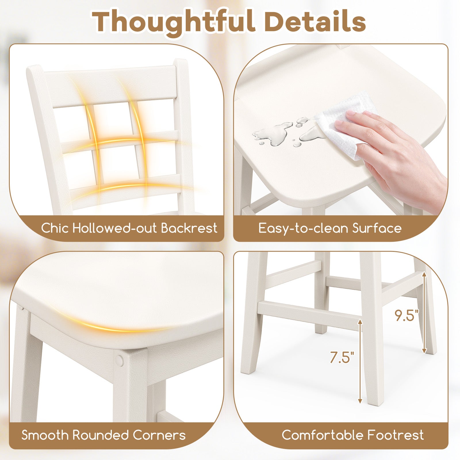 Counter Height Barstools Set of 2 with 6-Grid Hollow Back and Seat-White