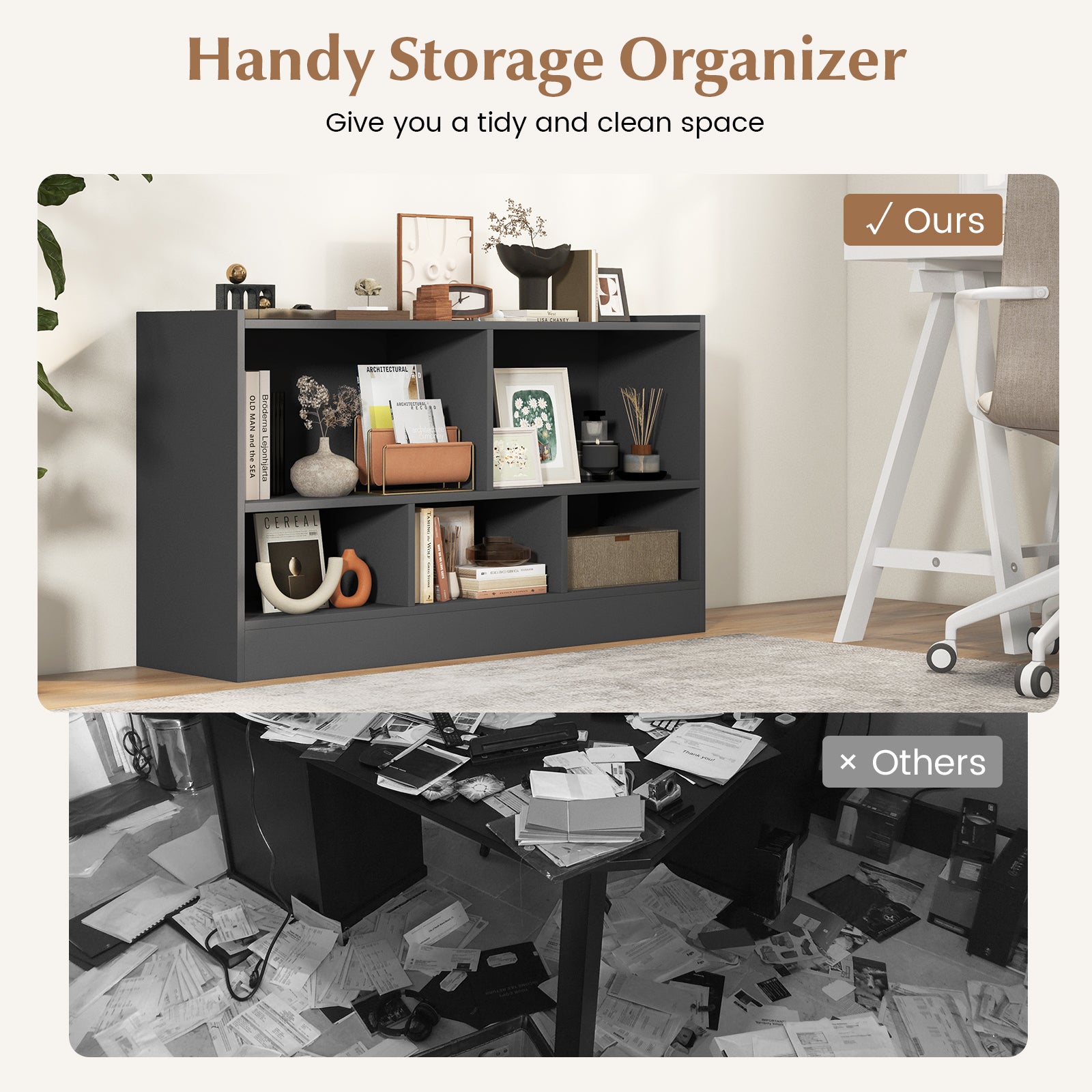 Kids 2-Shelf Bookcase 5-Cube Wood Toy Storage Cabinet Organizer-Gray