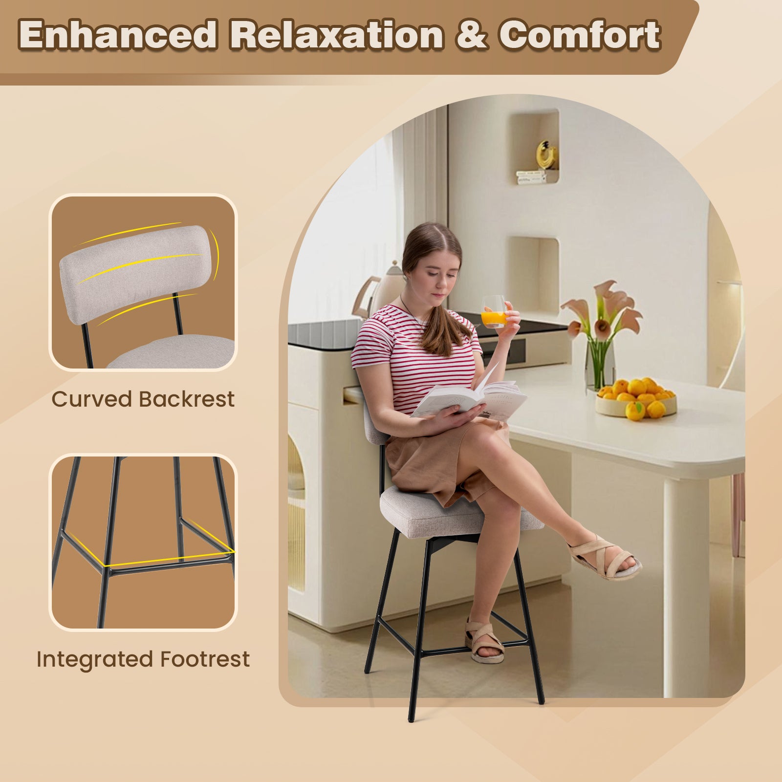 25 Inch 2-Piece Modern Upholstered Bar Stools with Back