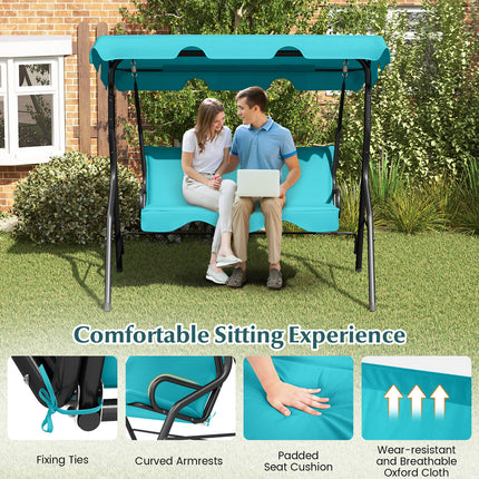 3 Seats Patio Canopy Cushioned Steel Frame Swing Glider Hammock-Blue
