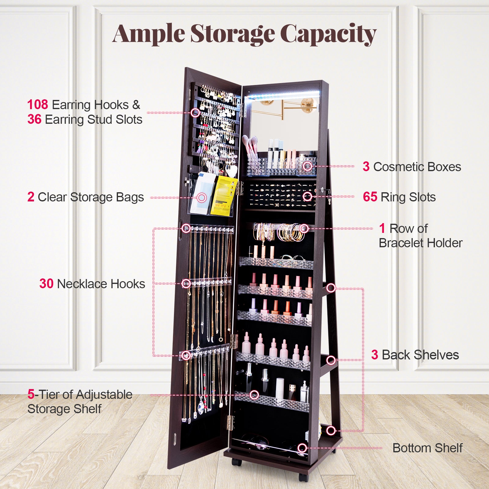 64 Inches Lockable Jewelry Cabinet Armoire with Built-in Makeup Mirror-Purple