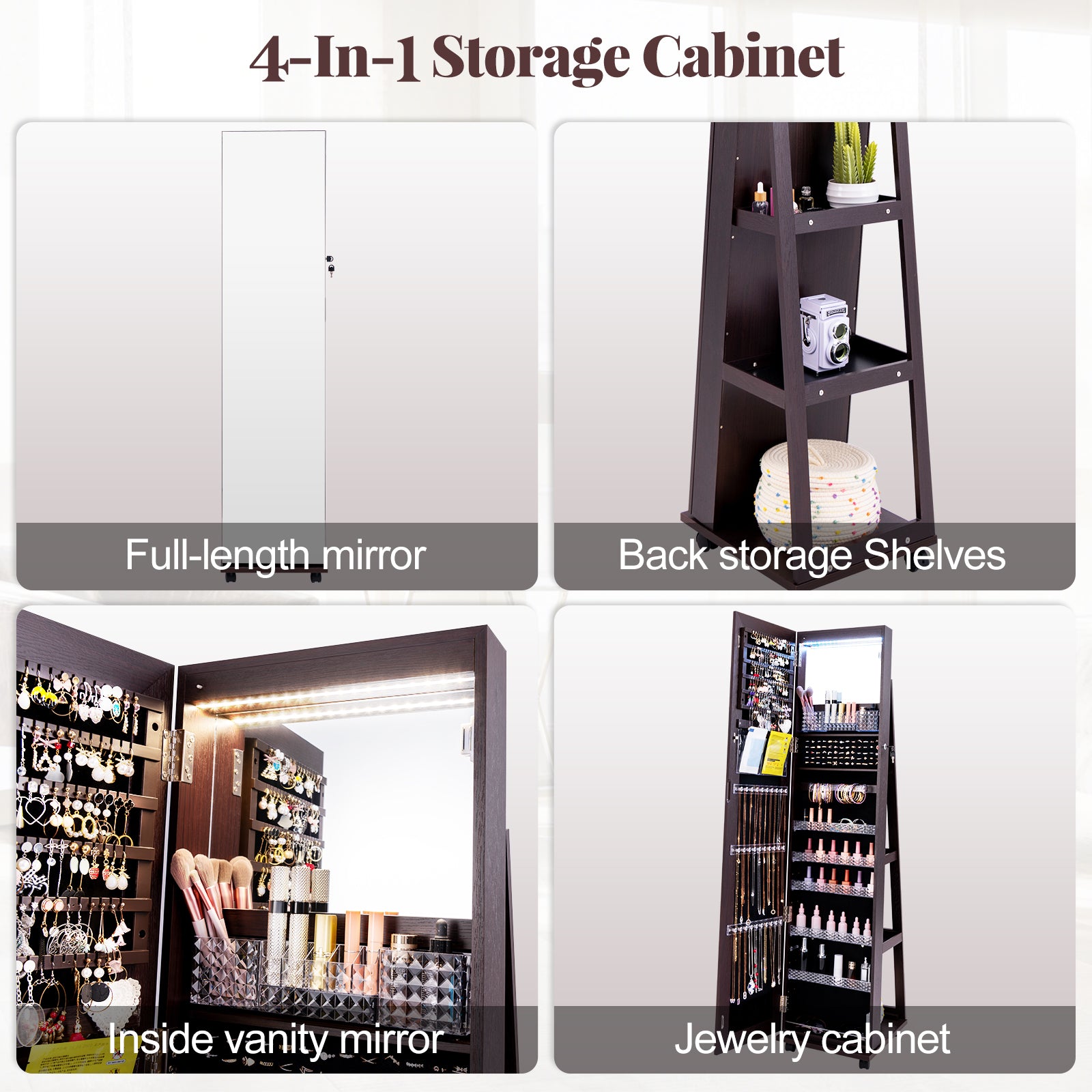 64 Inches Lockable Jewelry Cabinet Armoire with Built-in Makeup Mirror-Purple