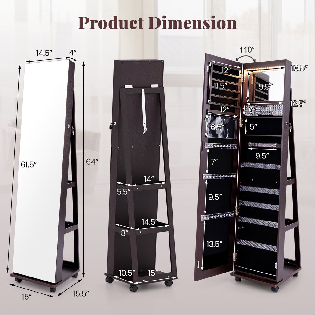 64 Inches Lockable Jewelry Cabinet Armoire with Built-in Makeup Mirror-Purple