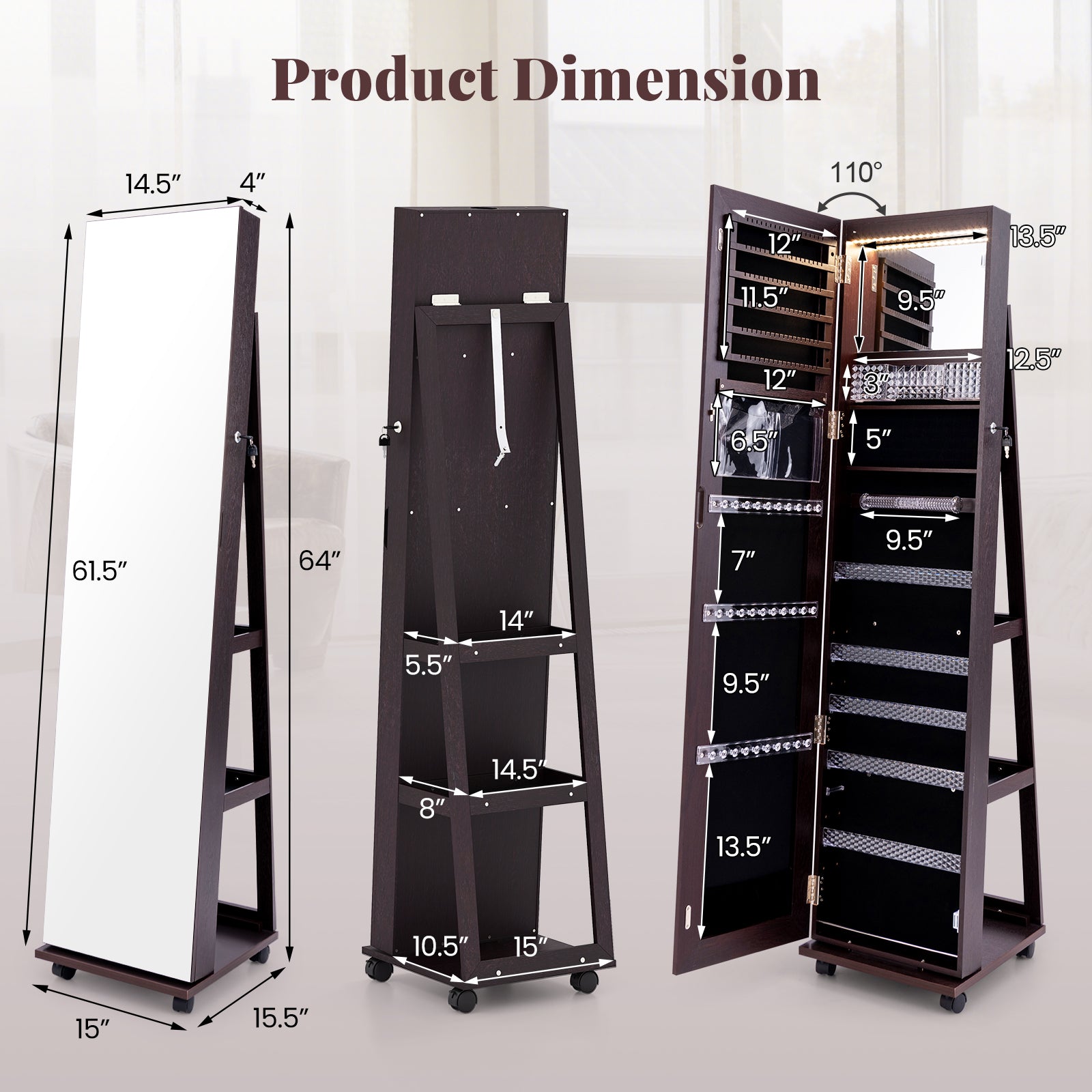 64 Inches Lockable Jewelry Cabinet Armoire with Built-in Makeup Mirror-Purple