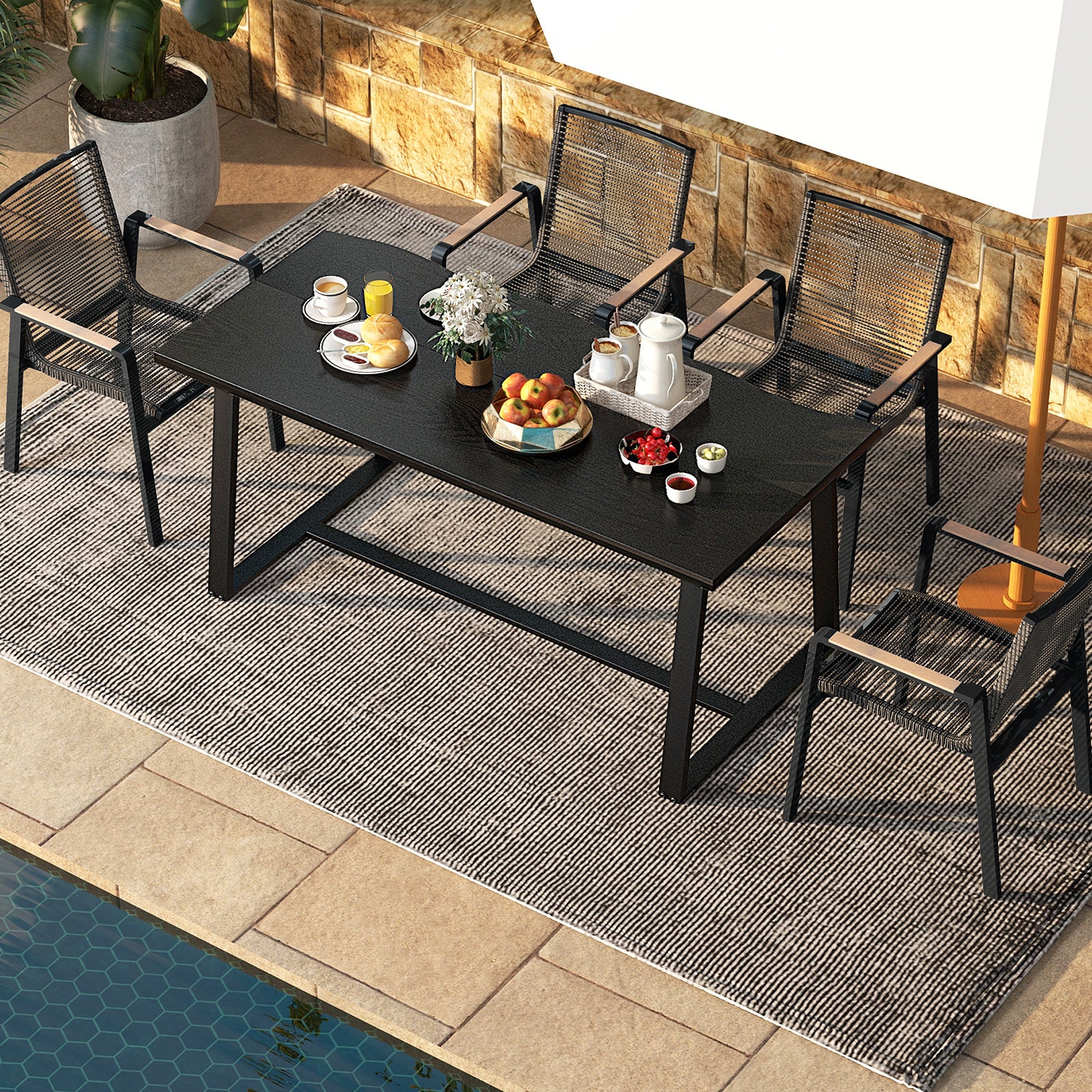63" Large Dining Table with Wavy Edge and Heavy-duty Metal Frame-Black