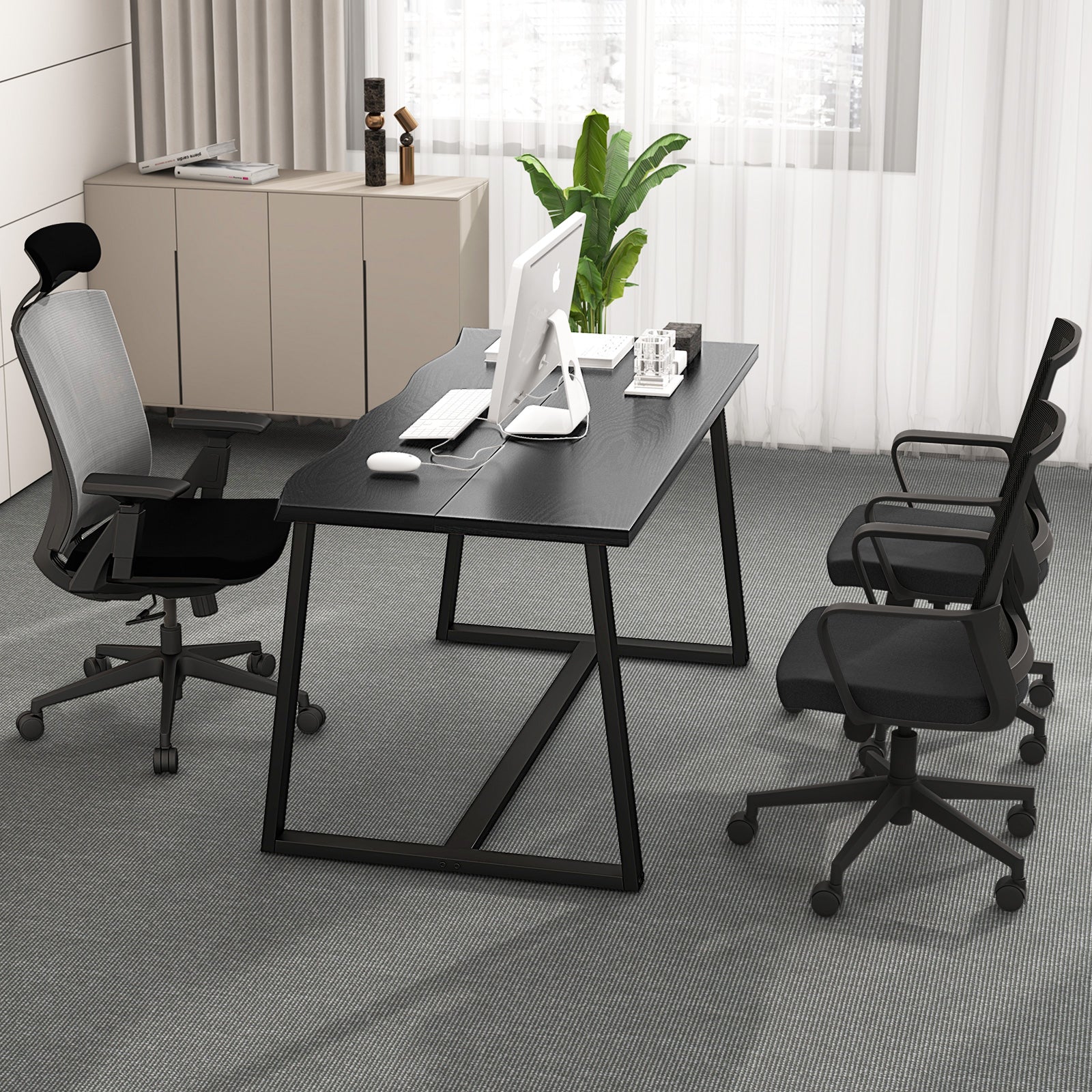 63" Large Dining Table with Wavy Edge and Heavy-duty Metal Frame-Black