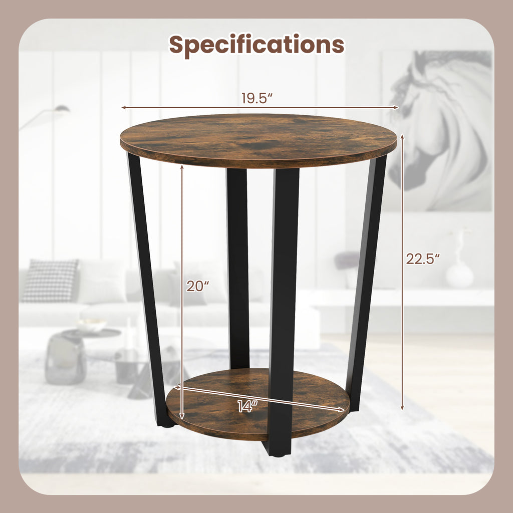 2-Tier Round End Table with Storage Shelf and Metal Frame-Brown