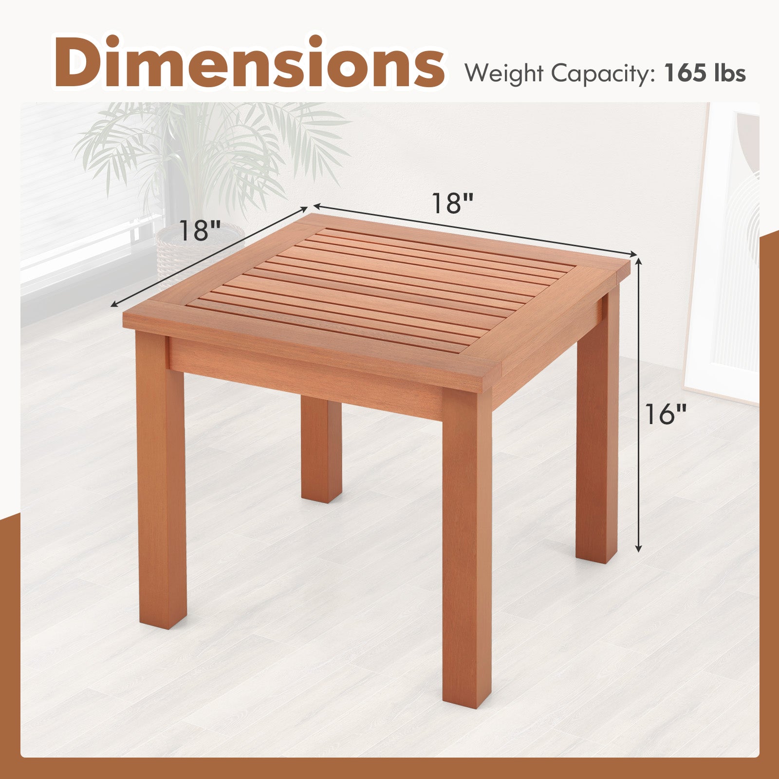 Table d'appoint Adirondack d'extérieur carrée de 18 pouces avec plateau à lattes