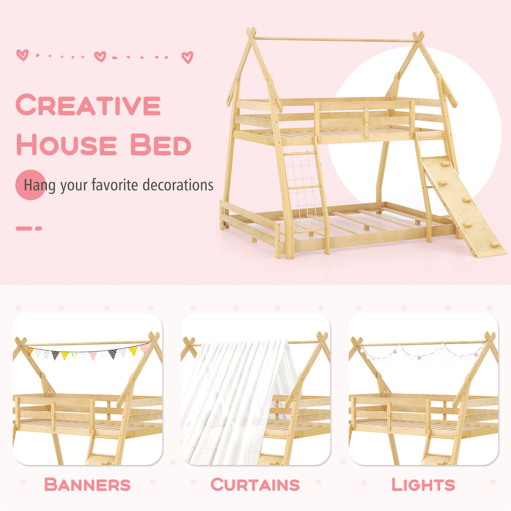 Twin Over Queen Bunk Bed Wooden Kids Bed with Climbing Nets and Ramp-Natural