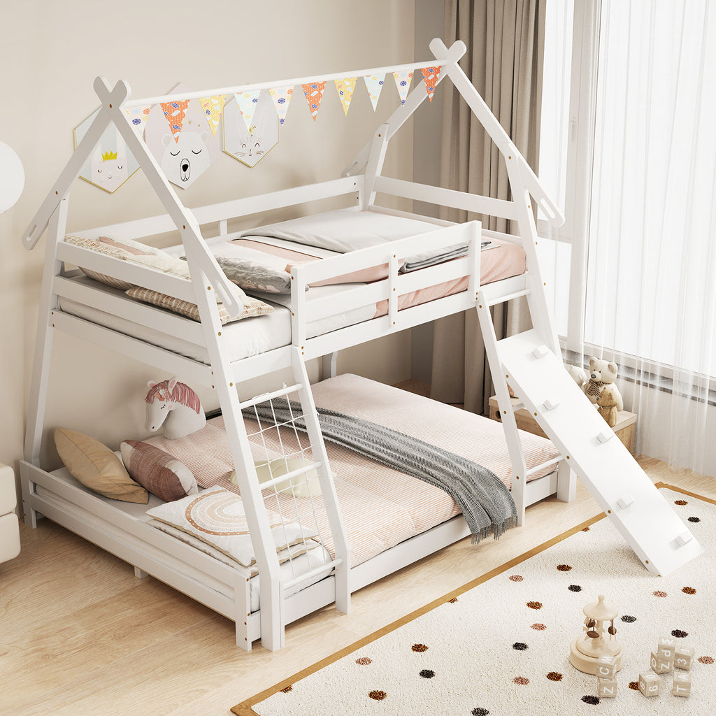 Twin Over Queen Bunk Bed Wooden Kids Bed with Climbing Nets and Ramp-White