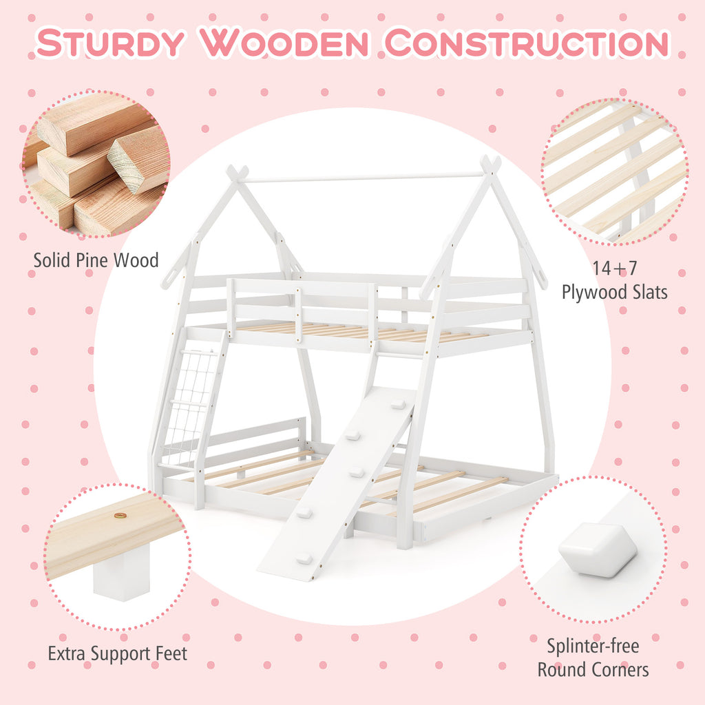 Twin Over Queen Bunk Bed Wooden Kids Bed with Climbing Nets and Ramp-White
