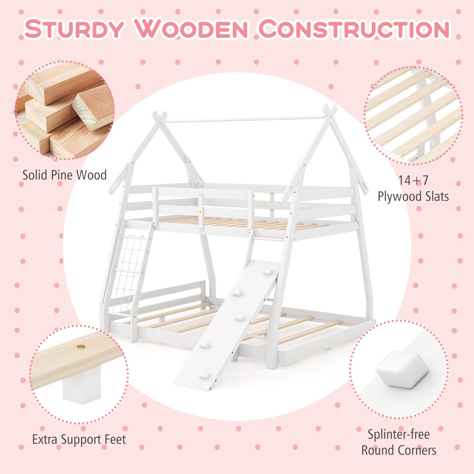 Twin Over Queen Bunk Bed Wooden Kids Bed with Climbing Nets and Ramp-White