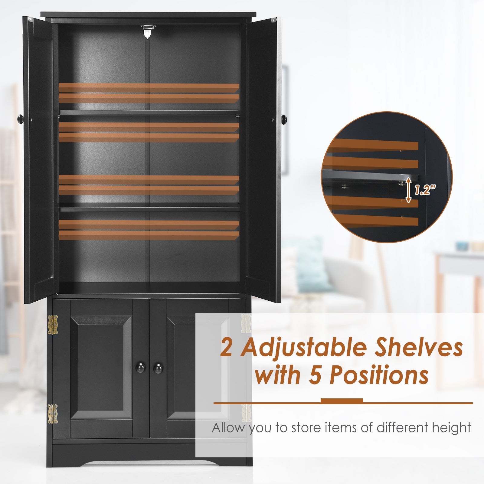 Accent Floor Storage Cabinet with Adjustable Shelves Antique 2-Door-Black