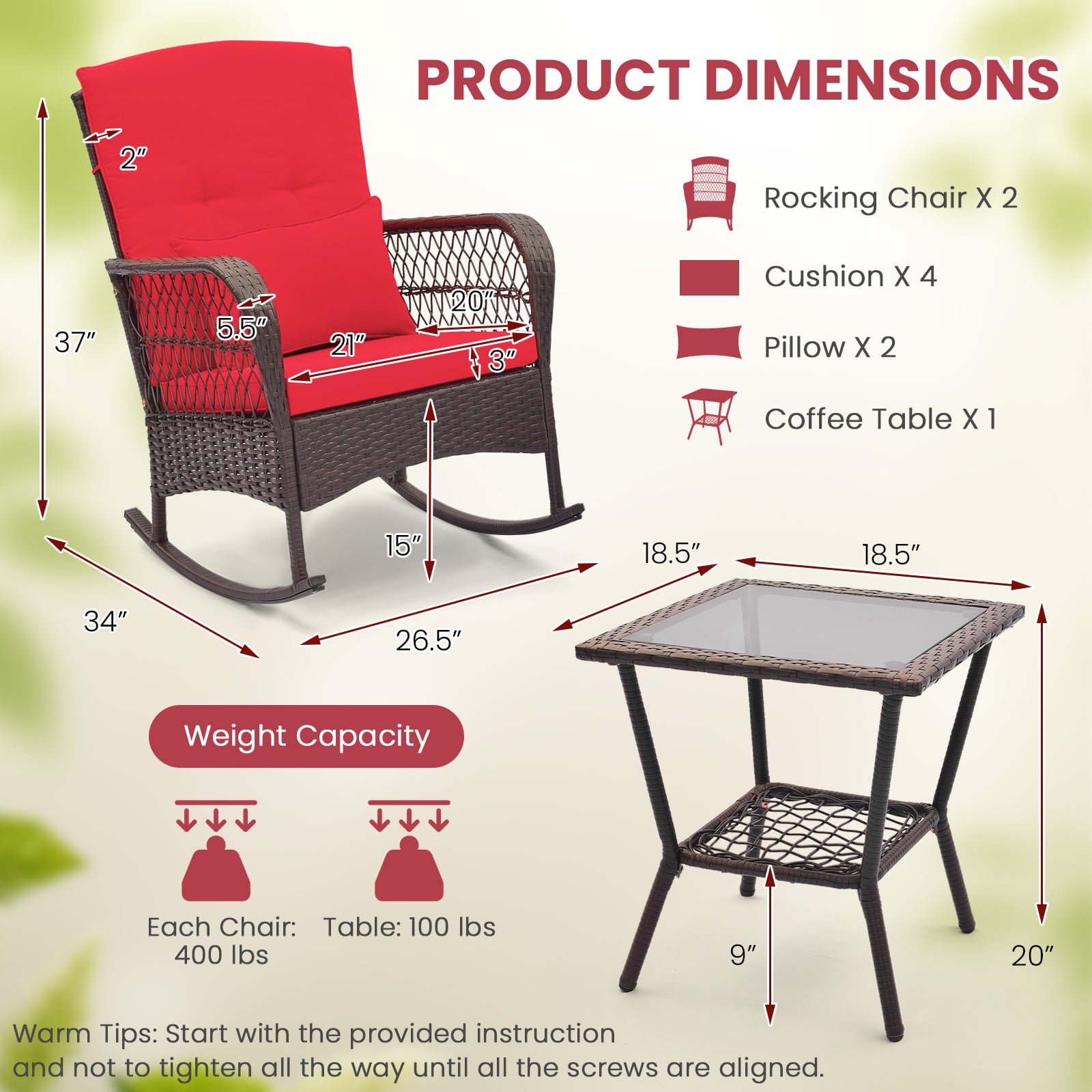 Ensemble bistrot basculant 3 pièces avec table basse à 2 niveaux - Rouge