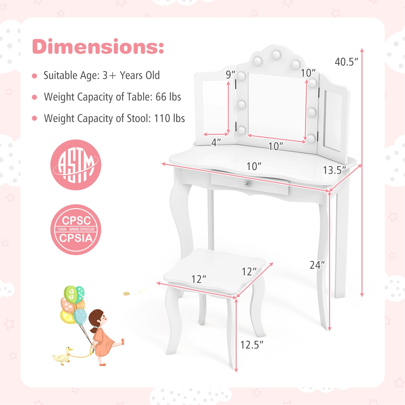 Kid Vanity Table Stool Set with Tri-Folding Mirror and 3-Color LED Lights-White