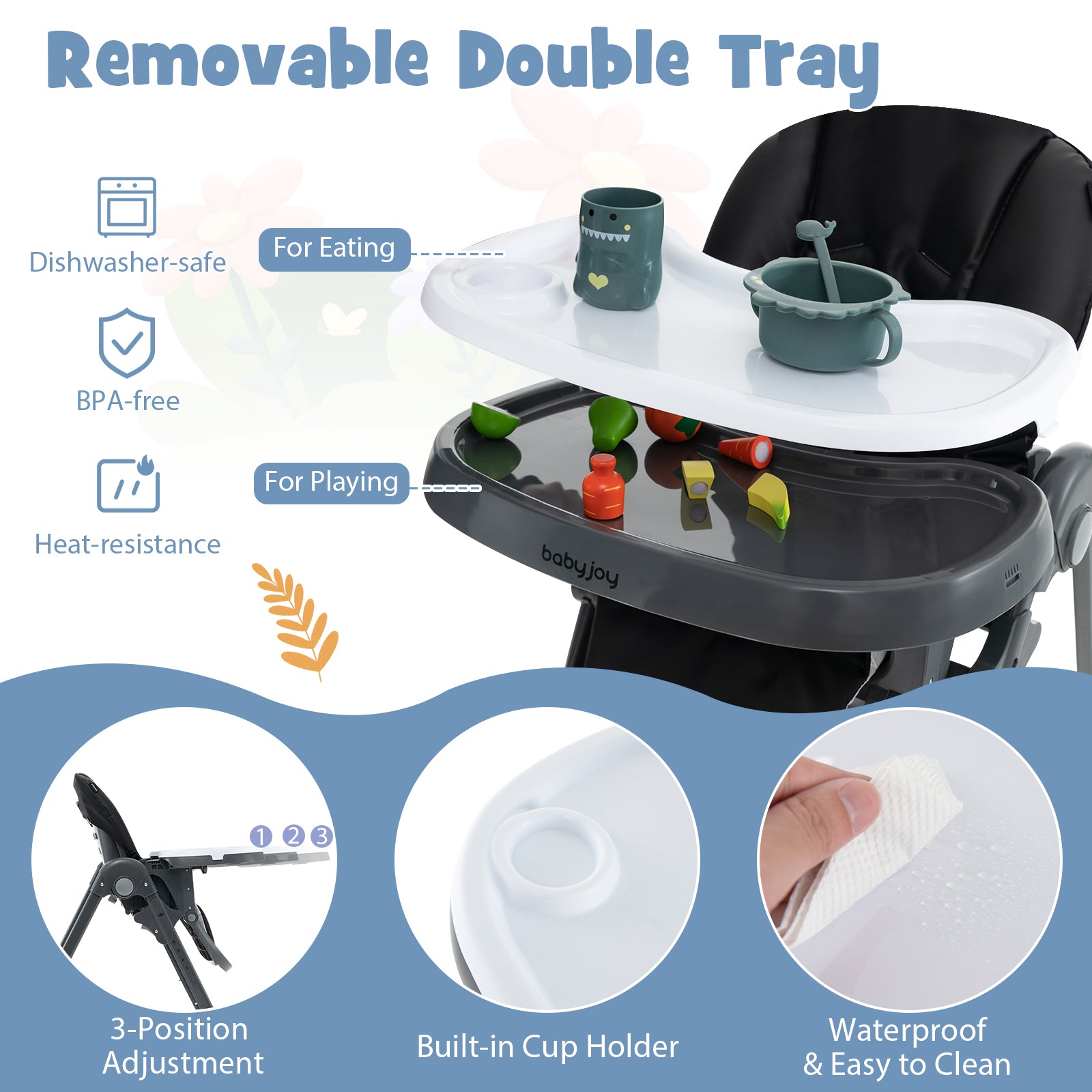 3-In-1 Convertible Baby High Chair for Toddlers-Black