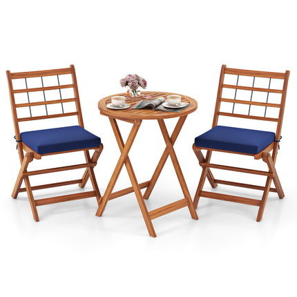 3 Pieces Acacia Wood Patio Bistro Set with Cushions-Navy