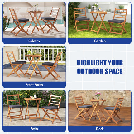 3 Pieces Acacia Wood Patio Bistro Set with Cushions-Gray