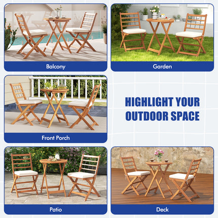 3 Pieces Acacia Wood Patio Bistro Set with Cushions-White